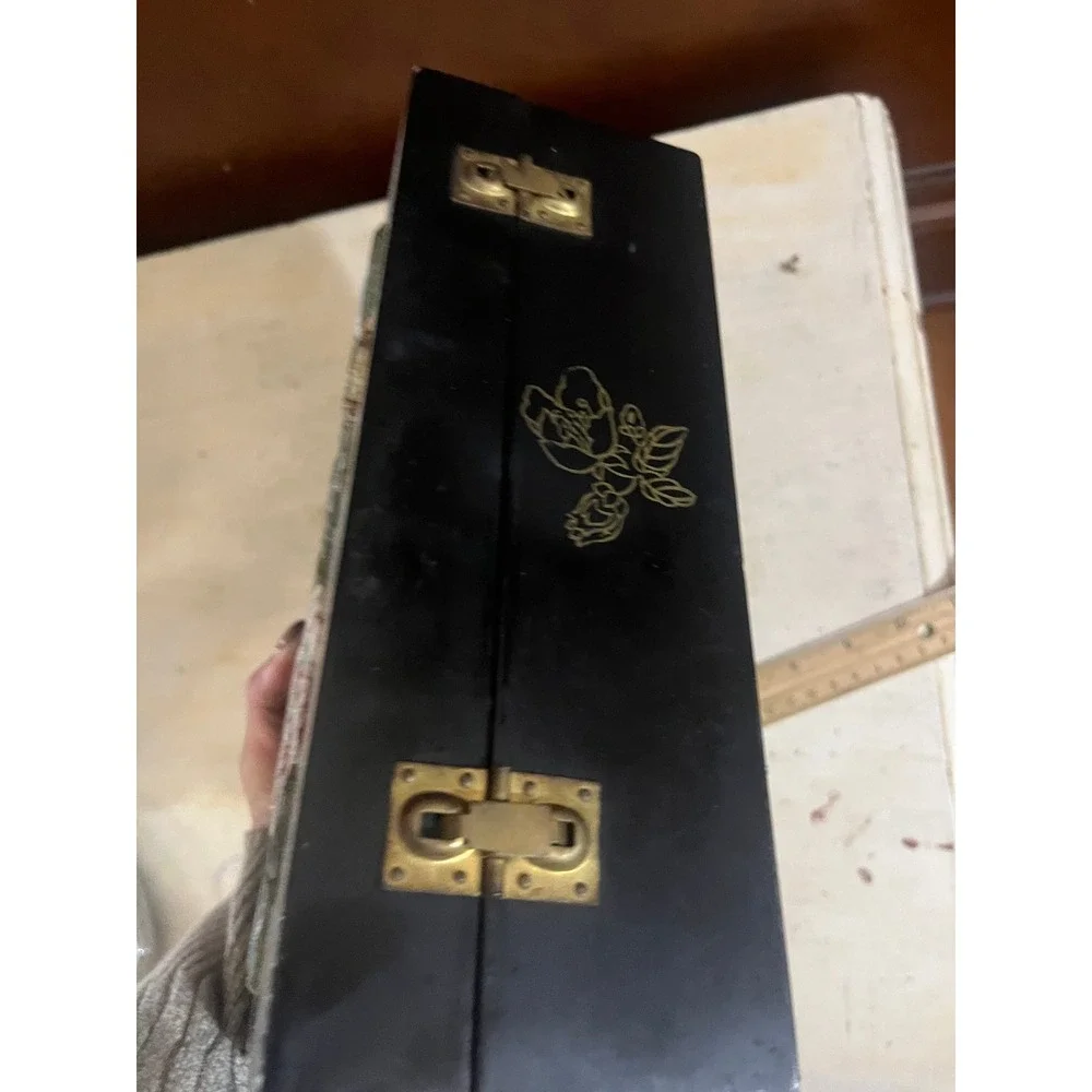 Vintage‎ Chinese Black Lacquer Jewelry Box Soapstone Inlay Peony Butterfly Large
